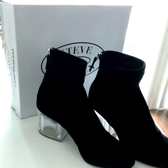 Steve Madden Lusty Clear Heel Black Suede Sock Booties, Size US 7.5, with box - Picture 3 of 9